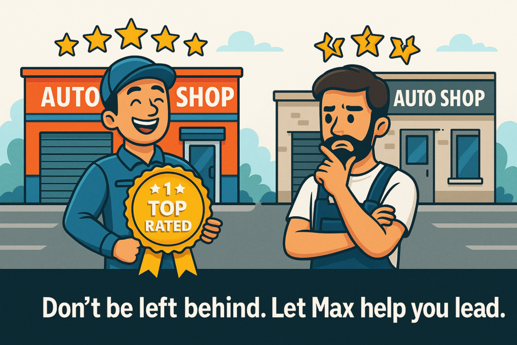 Auto shop owner holding #1 badge smiling beside competitor with low rating stars