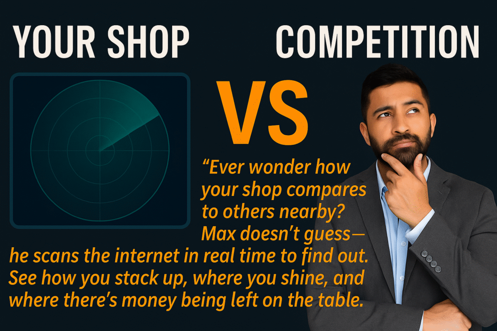 AI comparison of your auto shop vs competition — Max Eman scans reviews and local rankings.