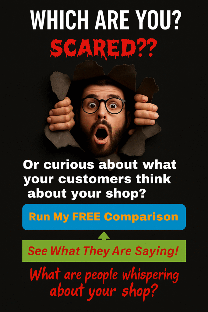 A shocked man peeking through a torn paper with bold text asking “Which Are You?” and CTA buttons offering a free online shop reputation comparison.